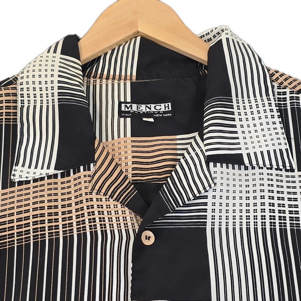 Mench Platinum 3X Black Tan White Geometric Stripe Short Sleeve Button Shirt